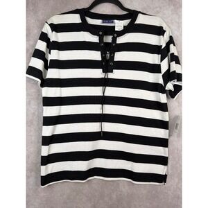 NWT Y2K Erika & Co Womens XL Black White Striped Lace Up Henley Short Sleeve Top